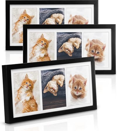 bomoe Galeria fotolijst set van 3 - houten fotolijsten met passepartout houten frame en plastic glas & metalen ophanging lijst voor foto's 3 x 3 foto's - zwart