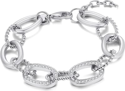 Twice As Nice Armband in edelstaal, ovale schakels, effen/getorst/ met zirkonia 18cm+3cm