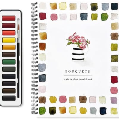 Aquarelwerkboek - Aquarel werkboek bloemen - Beginnersvriendelijke schilderset - Aquarelwerkboek voor beginners - Aquarelkleurboek -Bevat 12 kleuren verf - Inclusief penselen