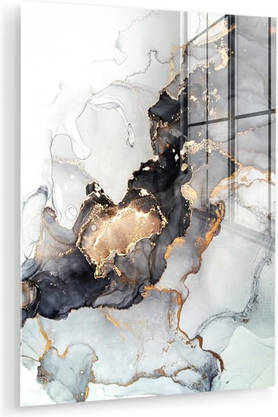 Glasschilderij abstract - Marmer - Goud - Marmerlook - Zwart - Schilderijen woonkamer - Schilderij glas - Foto op glas - Glasplaat - Kamer decoratie - 30x40 cm - Wanddecoratie - Muurdecoratie - Slaapkamer