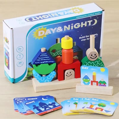 Blocs en Bois Empilés Jeu d'Association de Formes Montessori Entraînement à la Pensée Logique Jeux de Puzzle Thème Créatif Jour/Nuit Jouets pour Enfants blue