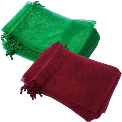 Prigta - Organza zakjes - 100 stuks - 10x15 cm - Groen en bordeaux rood - cadeauzakjes organza stof - uitdeelzakjes - geschenkzakjes kerst