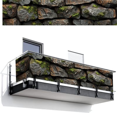 Balkonscherm 500x110 cm - Balkonposter Stenen - Mos - Grijs - Groen - Balkon scherm decoratie - Balkonschermen - Balkondoek zonnescherm