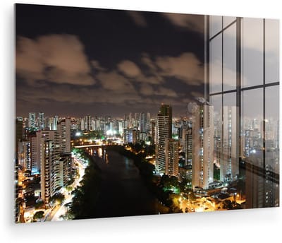 ® Glasschilderij 180x120 cm - Schilderij acrylglas - Nachtelijke skyline van Recife aan de Beberibe in Brazilië - Foto op glas - Muurdecoratie woonkamer - Wanddecoratie slaapkamer - Schilderijen
