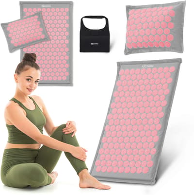 HyperMotion ECO Acupressuurmat - Spijkermat met Spijkerkussen - met Kokosvezel en Boekweitkussen – 68 cm – Grijs/Roze