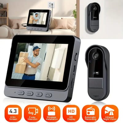 Draadloze Video Deurbel met Camera en 4,3" IPS Scherm - IP65 Waterdicht - 135° Groothoek - LED Nachtzicht - Tweeweg Audio - Zonder Abonnement & WiFi - Tot 3 Maanden Accuduur