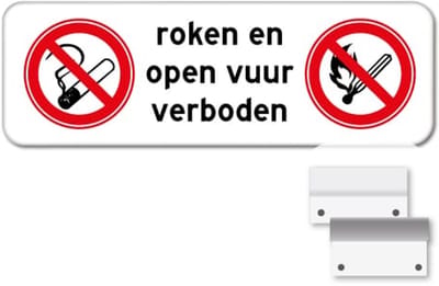 Bord Roken en Open vuur verboden - Weerbestendig Aluminium - 40x15 cm - Bevestiging: Met muur-/ wandmontage beugels