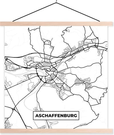 Posterhanger incl. Poster 40x40 cm - Schoolplaat - Aschaffenburg - Plattegrond - Kaart - Stadskaart - Textielposter - Blanke latten - Stadskaart