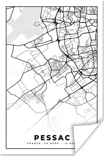 Poster Kaart - Stadskaart - Frankrijk - Plattegrond - Pessac - Zwart wit - 120x180 cm XXL