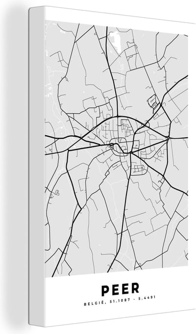 Canvas Schilderij België – Peer – Stadskaart – Kaart – Zwart Wit – Plattegrond - 20x30 cm - Wanddecoratie