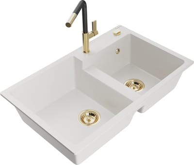 Mexen Tomas granieten gootsteen 2-kamer met keukenkraan Flora, wit - 6516-20-670401-57-G
