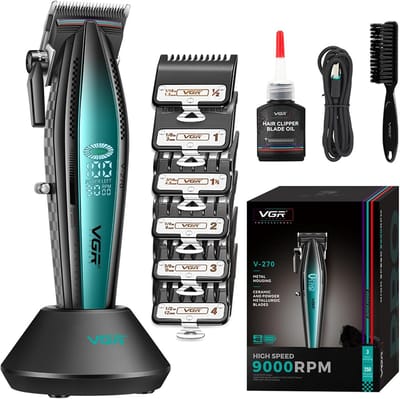 Draadloze Tondeuse voor Mannen – VGR V-270 – Haartrimmer & Baardtrimmer – 9000 RPM Motor – Keramische Messen – LED Display – 6 Opzetkammen