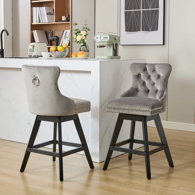 Eetkamerstoelen - Set van 2 - Draaibare Barstoelen met Gecapitonneerde Rugleuning - Houten Poten - Chrome Nagelrand - Luxe Stoelen voor Keuken Eetkamer Woonkamer - Grijs