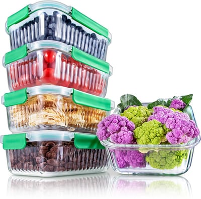 NutriChef Glazen Vershoudbakjes – 5-delige set en 5 luchtdichte klikdeksels- 863 Gram Bewaarbakjes - BPA vrij - Rood