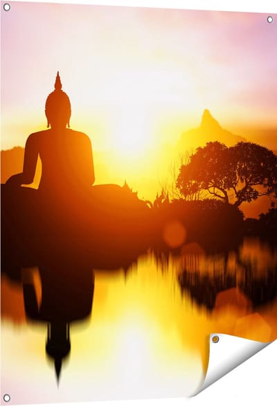 Gards Tuinposter Silhouet van Boeddha Beeld met Zonsondergang - 80x100 cm - Tuindoek - Tuindecoratie - Wanddecoratie buiten - Tuinschilderij