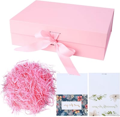 Elegante Roze Cadeaubox met Deksel en Strik, Perfect voor Cadeauverpakking en Decoratie, Inclusief Crumbled Paper en Wenskaarten