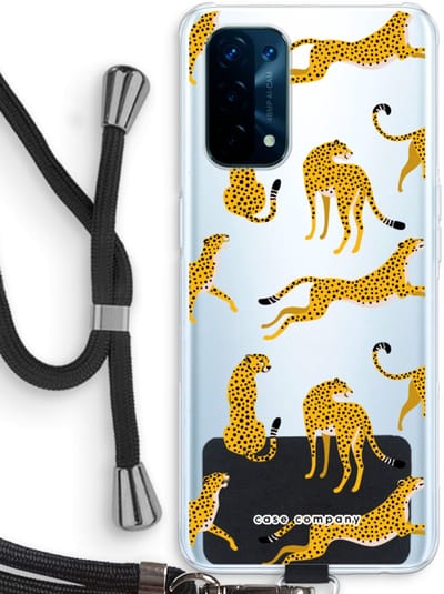 Case Company® - Hoesje met koord geschikt voor Oppo A74 5G hoesje met Koord - Luipaard - Telefoonhoesje met Zwart Koord - Bescherming aan alle Kanten en Over de Schermrand