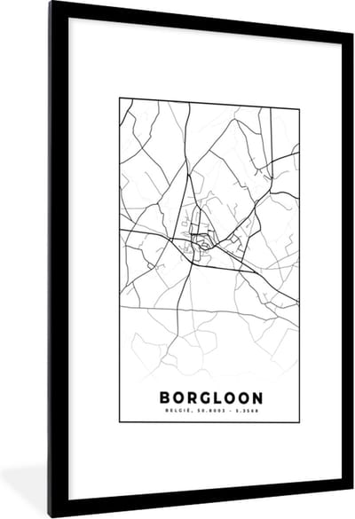 Fotolijst incl. Poster Zwart Wit- België – Borgloon – Stadskaart – Kaart – Zwart Wit – Plattegrond - 60x90 cm - Posterlijst