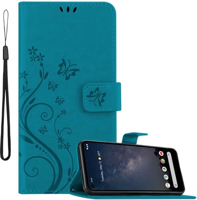 Cadorabo Hoesje geschikt voor Google PIXEL 4A 5G in BLOEMEN BLAUW - Beschermhoes in bloemmotief met magnetische sluiting, standfunctie en kaartsleuven Book Case Cover Etui
