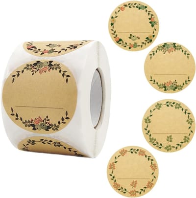 2 rollen - 1,5 inch 500 ronde natuurlijke bruine Kraft-papieren stickers met vintage bloemenontwerp - 4 unieke stijlen Blanco Kraft-papieren etikettenrollen Beschrijfbare duurzame stippenstickers voor blikken Prijskaartjes Winkelorganisatie