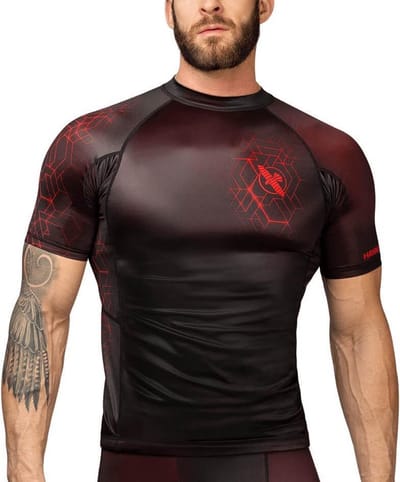 Hayabusa Geo Short Sleeve Rashguard - Zwart, Rood - maat S