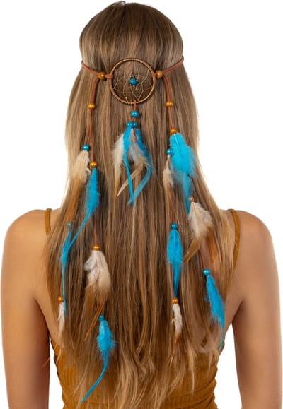 KIMU® Hoofdband Veren Blauw Bruin - Ibiza Hippie Indiaan Haarband - Veertjes Kraaltjes Vlecht Leer Haar Bohemian Boho Chic Coachella Festival