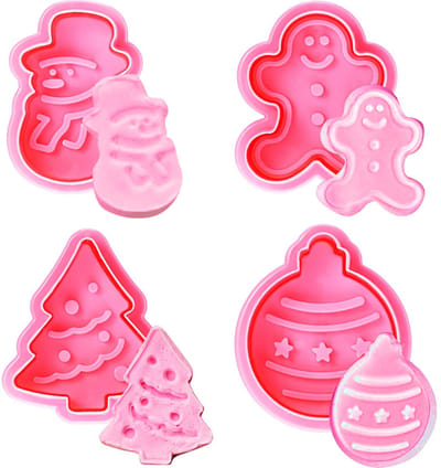 QTTVBTNA - 4 Stuks Kerst Koekjesvormen Set - Kerstboom & Sneeuwpop Uitsteekvormen - Roze Kerst Thema Gingerbread Stempels - Kerst Bakvormen voor Speculaas en Koekjes - Kerst Bakbenodigdheden - Roze