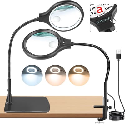 Vergrootglas met Licht - 10X en 20X Vergroting met Flexibele Zwanenhals en Handsfree Klem voor Hobby's en Lezen