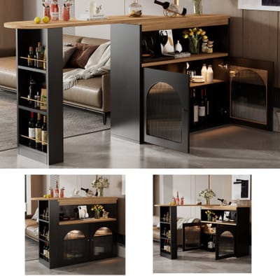 Moderne uitschuifbare bartafel, uitschuifbare eettafel, bartafel, bistrotafel, draaibaar, voor eetkamer, met 1m lange LED-lichtstrip (verstelbare lichtkleur)