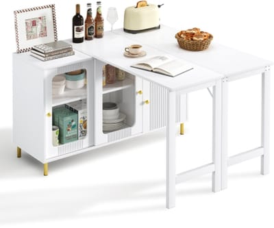 ROLIPO Sideboard met Uitklapbare Tafel – 116x40x78,5 cm – Tafelblad tot 122x80 cm – Glazen Schuifdeuren – Wit/Goud