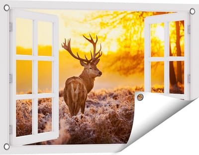 Gards Tuinposter Doorkijk Hert in Bos tijdens de Zonsopkomst - 60x40 cm - Tuindoek - Tuindecoratie - Wanddecoratie buiten - Tuinschilderij
