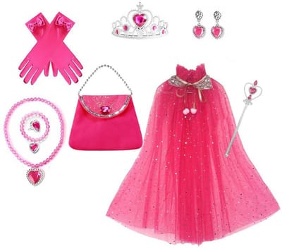 Loha-party®11 stuks Princes verkleed set-verkleedcape-Rozerood jurk-Carnaval kleeding-verjaardag cadeau-kinder cadeau kit- jurk-Prinsessencape-Crown-Wand-Handschoenen-Oorbel-Ring-armband-handtas-verjaardag-feestartikelen-accessoires-11stuks