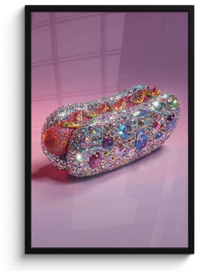 Poster in lijst - Fotolijst 60x90 cm - Posters - Hotdog - Steentjes - Glitters - Paars - Posterlijst zwart - Decoratie - Wanddecoratie woonkamer - Muurdecoratie slaapkamer