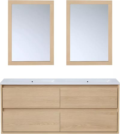 Vente-unique Zwevend badkamermeubel met ingebouwde wastafel en spiegels - Eiken fineer - 120 cm - MILIPAM