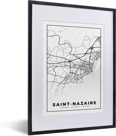 Fotolijst incl. Poster Zwart Wit- Plattegrond - Saint-Nazaire - Kaart - Frankrijk - Stadskaart - Zwart wit - 30x40 cm - Posterlijst