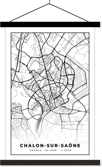 Posterhanger incl. Poster 40x60 cm - Schoolplaat - Stadskaart - Frankrijk - Chalon-sur-Saône - Kaart - Plattegrond - Zwart wit - Textielposter - Zwarte latten - Stadskaart