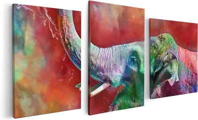 Artaza Canvas Schilderij Drieluik Getekende Vrolijke Olifant - Abstract - 120x60 - Foto Op Canvas - Canvas Print