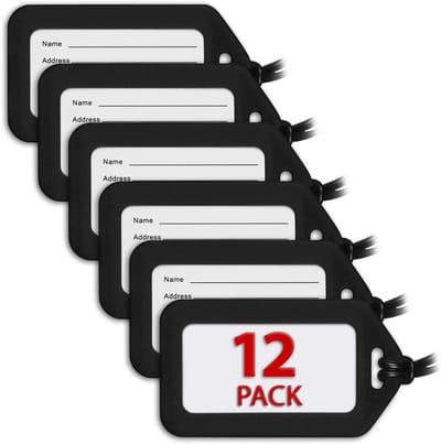 SnelShoppen - Bagagelabels Zwart 12-pack - Kofferlabels voor Bagage - Duurzaam Reislabel voor Reistas, Koffer en Backpack - Ideaal voor Vakanties en Z