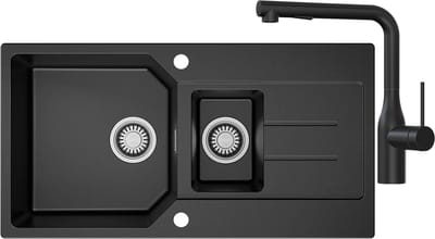 Anycee max Spoelbak voor keuken 86x45CM - Granieten Keuken - 1.5 Spoelbakken Keuken Met Keukenkraan met Uittrekbare Uitloop - Gootsteen Met Waterafvoersysteem - Wasbak Keuken - Krasvast en Hittebestendig - Zwart