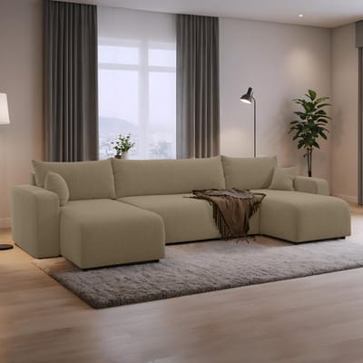 U-bank met opbergruimte Romee - Universeel - Teddy stof - Beige - Slaapbank met opbergruimte - Lounge Links of Rechts - Direct Leverbaar - U-zetel - Chaise longue - Zetel met slaapgedeelte - 4 zits - Zitcomfort Medium