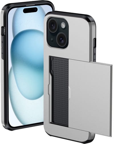 Hoesje Geschikt voor iPhone 15 Hoesje Met Pasjeshouder Hard Case Met Kaarthouder - Hoes Geschikt voor iPhone 15 Hoesje Pashouder Case - Grijs