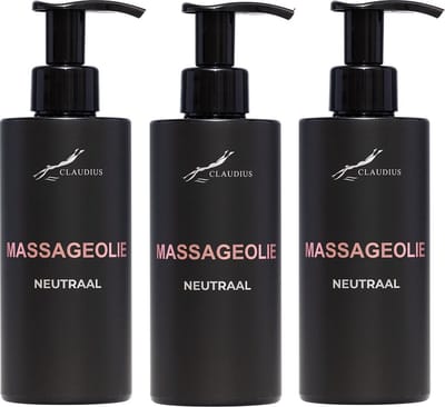 Massageolie Neutraal 300 ml - met pomp - zwarte fles - 100% natuurlijk - biologisch en koud geperst - set van 3 stuks - Voordeelverpakking