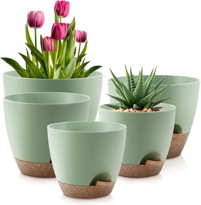 Famanu - Set van 5 zelfbewaterende plantenpotten 7–9 cm groen