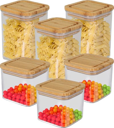 Bambou & Co keuken voorraadpotten - 6x stuks - 0.8L/1L - kunststof/bamboe - met luchtdichte deksel