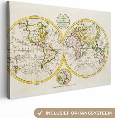 Canvas schilderij - Vintage wereldkaart 120x80 - Kamer decoratie accessoires wereldbol - Schilderijen wereld kaart woonkamer - World map wanddecoratie slaapkamer - Muurdecoratie keuken - Wanddoek - Woondecoratie huis - Woonaccessoires