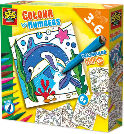 SES Creative – Kleuren op Nummers – Driehoek Grip Stiften – 6 Grote Kleurplaten – 12 Uitwasbare Stiften – Vanaf 3 jaar