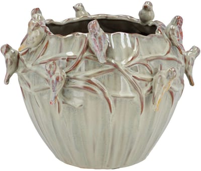 DK Design Bloempot/plantenpot Spring birds - mosgroen - keramiek - D19 x H15 cm