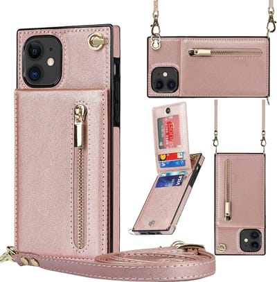 Geschikt Voor iPhone 11 Hoesje Met Koord - Solidenz Portemonnee Hoes - Telefoonhoesje Met Koord - Wallet Case - Cover Hoes Met Koordje - Backcover Met Koord - Rosegoud