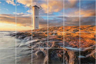Wallfluent Tegelstickers - Vuurtoren Aan De Kust Stickers Voor Op Tegels - Set van 24 stuks 10 x 10 cm - Oranje Tegelfolie Keuken - Mozaïek Landschappen Tegelfolie Badkamer