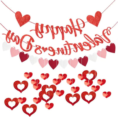 Romantische Valentijnsdag Versiering Set - 50 Rode Hartvormige Hangers, 100 Regenlijnen en Valentijns Banners voor Feestelijke Decoraties en Romantische Evenementen